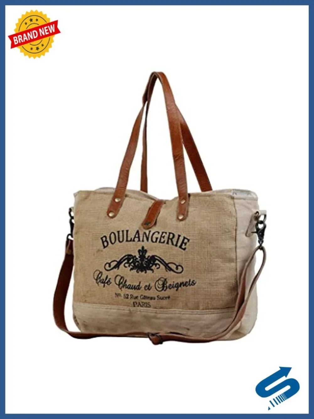Boho Canvas Shoulder Bag with Leather Accents, Bucket Purse for Women